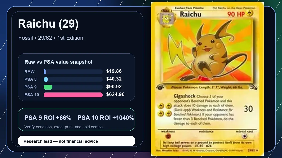 Price chart for Raichu (29) showing raw, all-in, PSA 6, PSA 7, PSA 8, PSA 9, and PSA 10 values