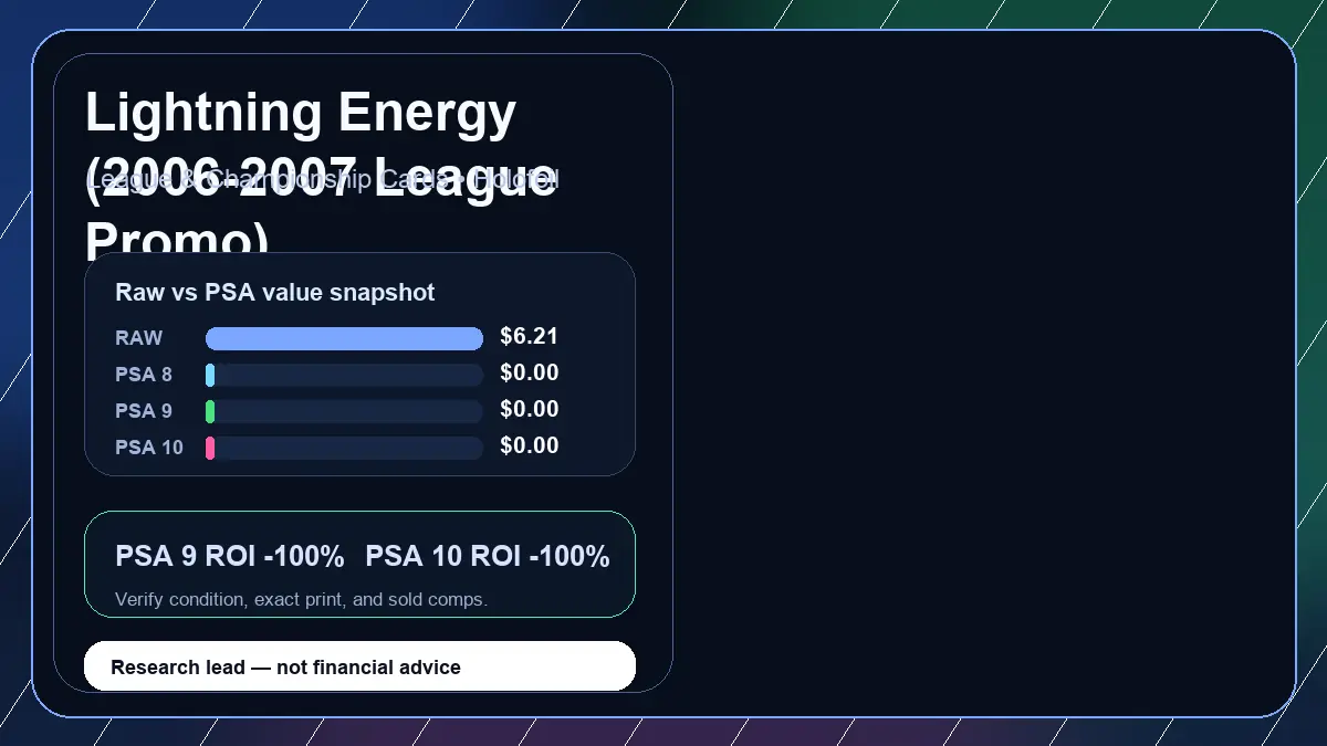Price chart for Lightning Energy (2006-2007 League Promo) showing raw, all-in, PSA 6, PSA 7, PSA 8, PSA 9, and PSA 10 values