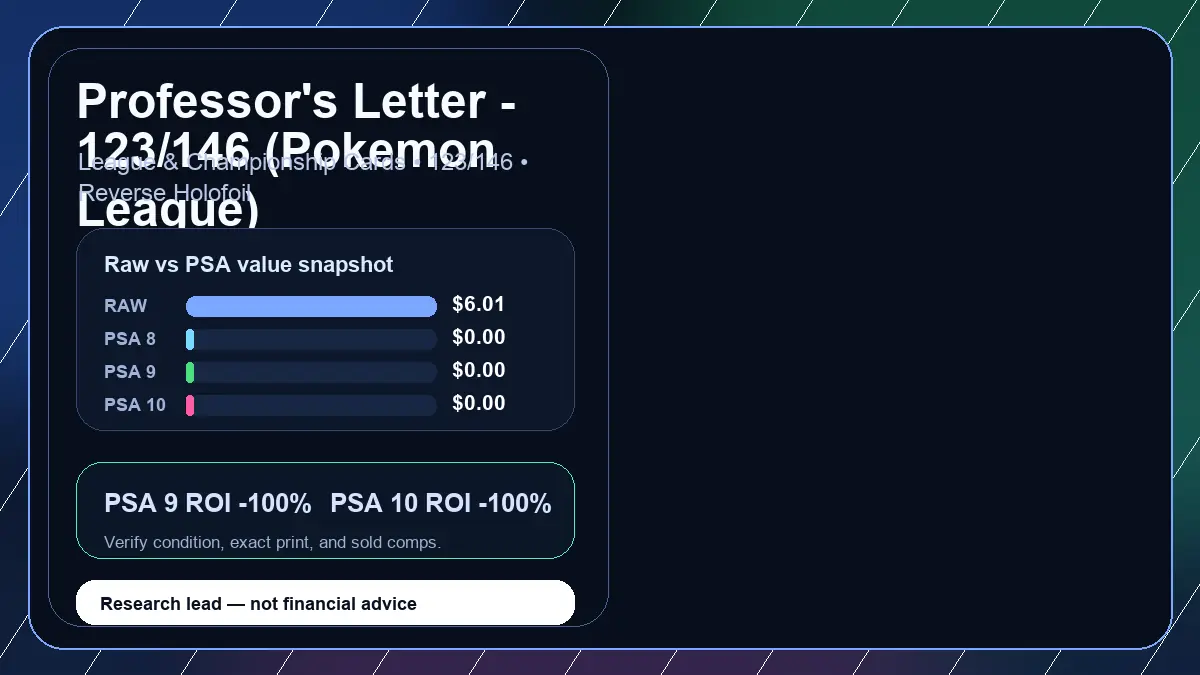 Price chart for Professor's Letter - 123/146 (Pokemon League) showing raw, all-in, PSA 6, PSA 7, PSA 8, PSA 9, and PSA 10 values