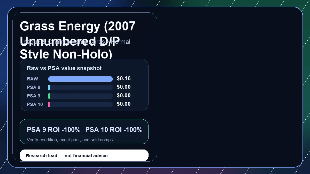 Price chart for Grass Energy (2007 Unnumbered D/P Style Non-Holo) showing raw, all-in, PSA 6, PSA 7, PSA 8, PSA 9, and PSA 10 values