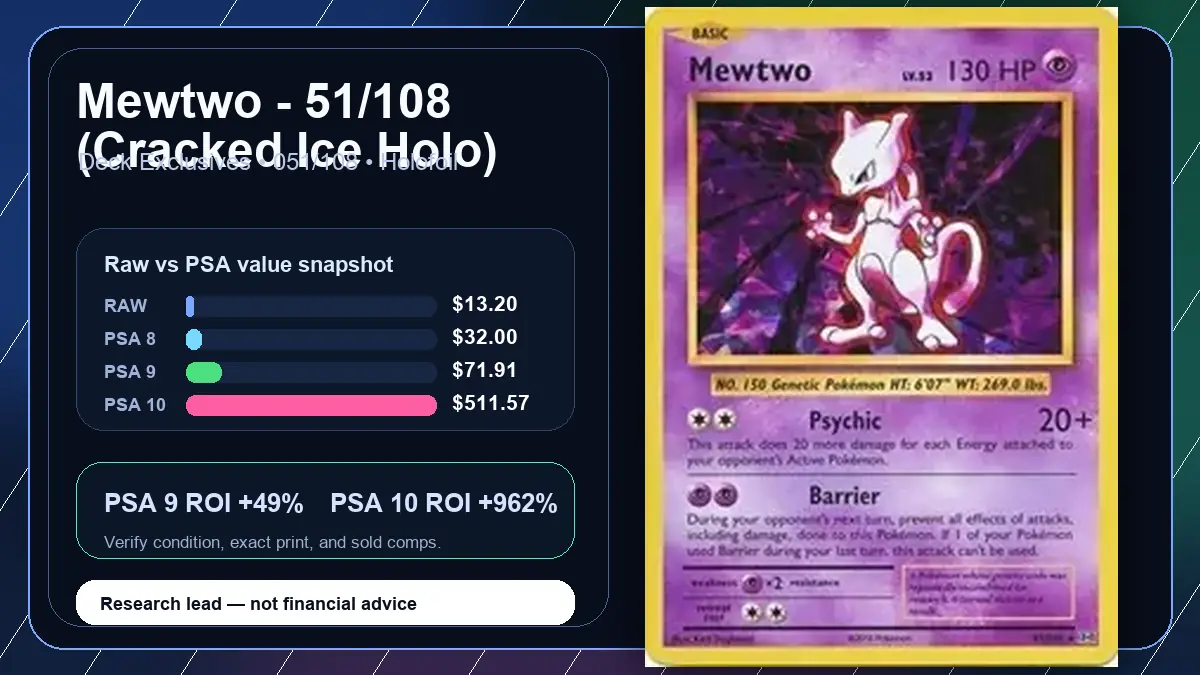 Price chart for Mewtwo - 51/108 (Cracked Ice Holo) showing raw, all-in, PSA 6, PSA 7, PSA 8, PSA 9, and PSA 10 values