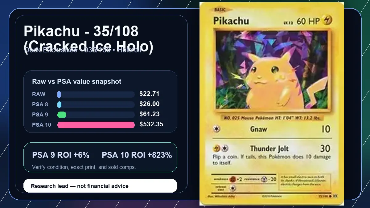 Price chart for Pikachu - 35/108 (Cracked Ice Holo) showing raw, all-in, PSA 6, PSA 7, PSA 8, PSA 9, and PSA 10 values