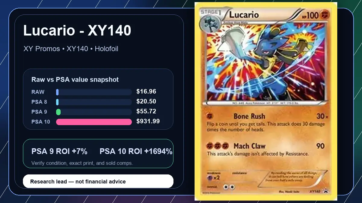 Price chart for Lucario - XY140 showing raw, all-in, PSA 6, PSA 7, PSA 8, PSA 9, and PSA 10 values