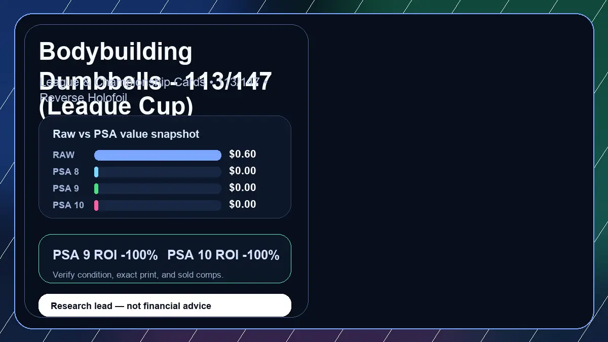 Price chart for Bodybuilding Dumbbells - 113/147 (League Cup) showing raw, all-in, PSA 6, PSA 7, PSA 8, PSA 9, and PSA 10 values