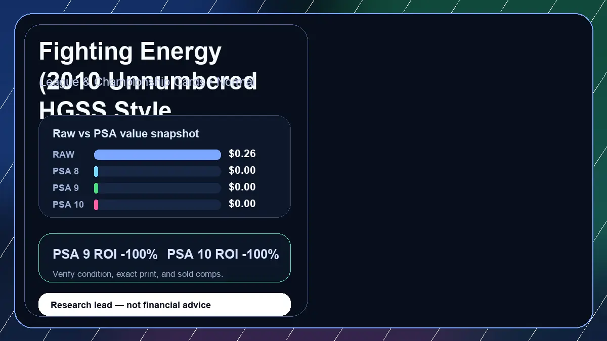 Price chart for Fighting Energy (2010 Unnumbered HGSS Style Non-Holo) showing raw, all-in, PSA 6, PSA 7, PSA 8, PSA 9, and PSA 10 values