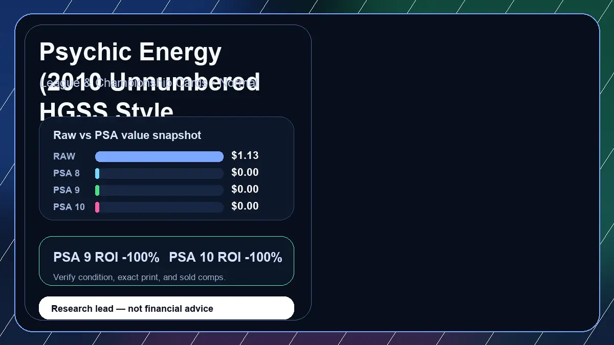 Price chart for Psychic Energy (2010 Unnumbered HGSS Style Non-Holo) showing raw, all-in, PSA 6, PSA 7, PSA 8, PSA 9, and PSA 10 values