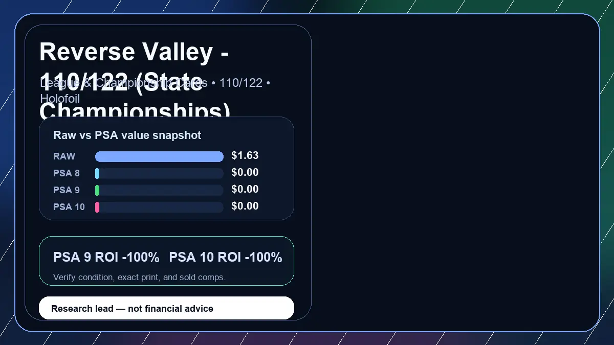 Price chart for Reverse Valley - 110/122 (State Championships) showing raw, all-in, PSA 6, PSA 7, PSA 8, PSA 9, and PSA 10 values