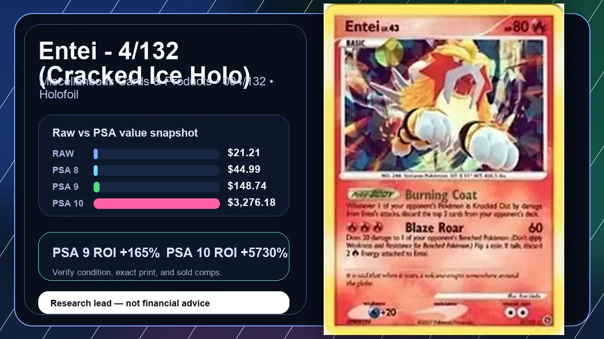 Price chart for Entei - 4/132 (Cracked Ice Holo) showing raw, all-in, PSA 6, PSA 7, PSA 8, PSA 9, and PSA 10 values