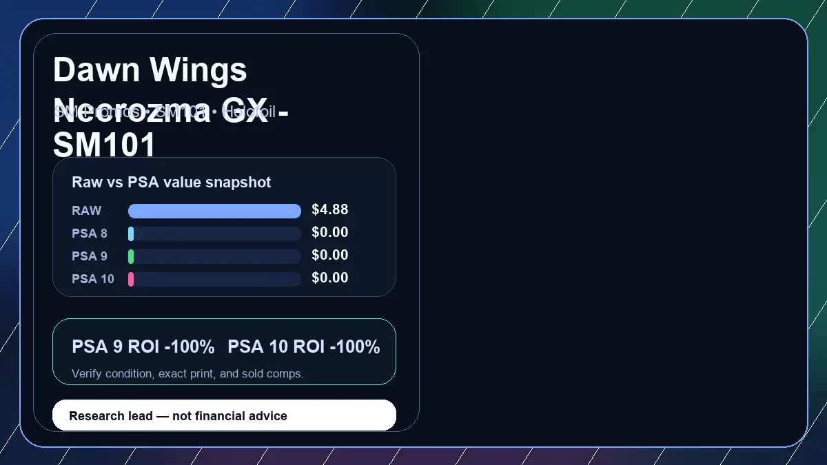 Price chart for Dawn Wings Necrozma GX - SM101 showing raw, all-in, PSA 6, PSA 7, PSA 8, PSA 9, and PSA 10 values
