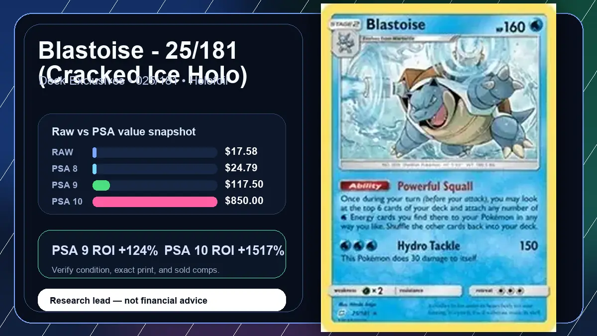 Price chart for Blastoise - 25/181 (Cracked Ice Holo) showing raw, all-in, PSA 6, PSA 7, PSA 8, PSA 9, and PSA 10 values