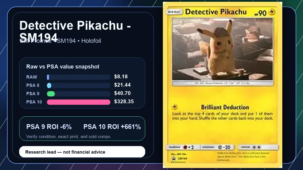 Price chart for Detective Pikachu - SM194 showing raw, all-in, PSA 6, PSA 7, PSA 8, PSA 9, and PSA 10 values