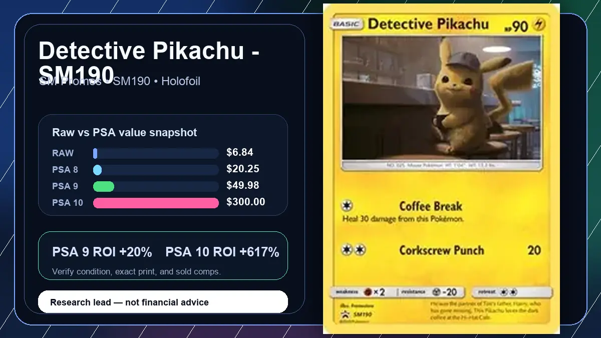 Price chart for Detective Pikachu - SM190 showing raw, all-in, PSA 6, PSA 7, PSA 8, PSA 9, and PSA 10 values