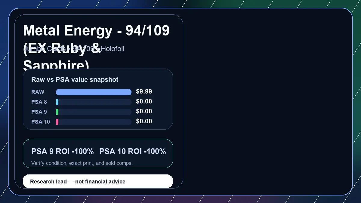 Price chart for Metal Energy - 94/109 (EX Ruby & Sapphire) showing raw, all-in, PSA 6, PSA 7, PSA 8, PSA 9, and PSA 10 values