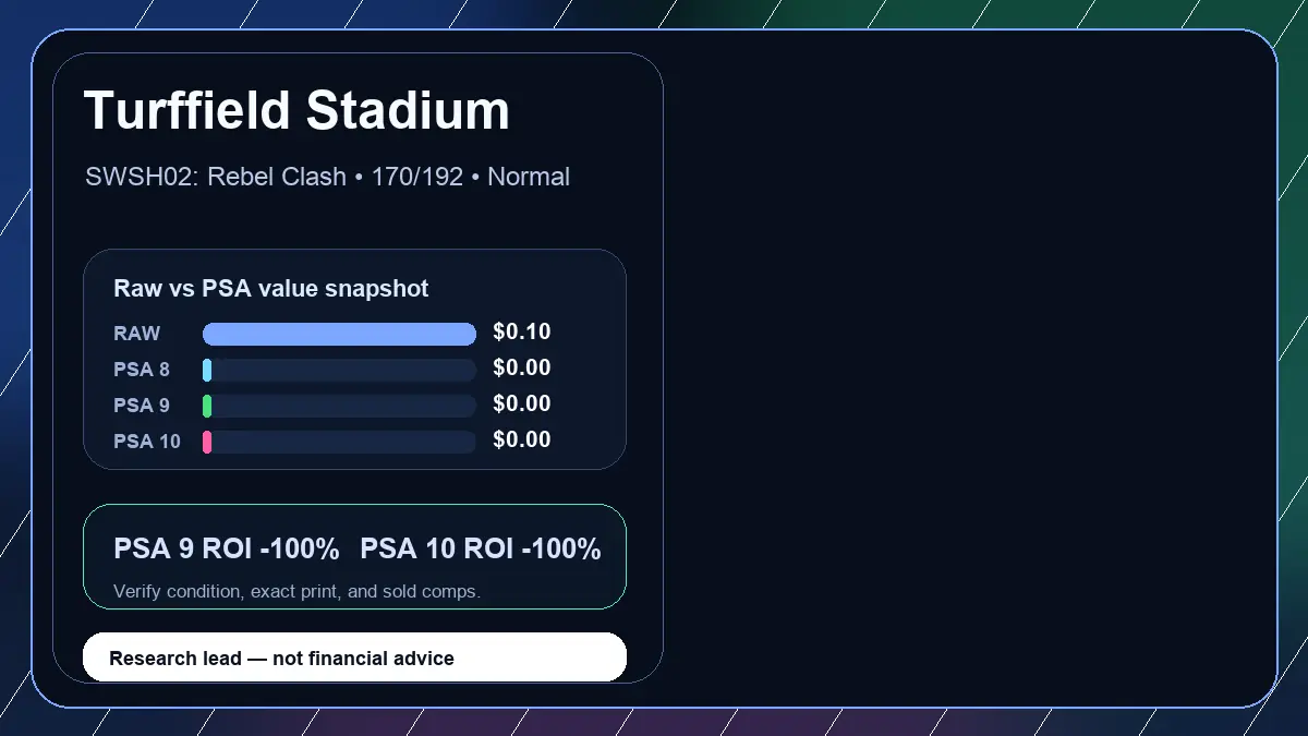 Price chart for Turffield Stadium showing raw, all-in, PSA 6, PSA 7, PSA 8, PSA 9, and PSA 10 values