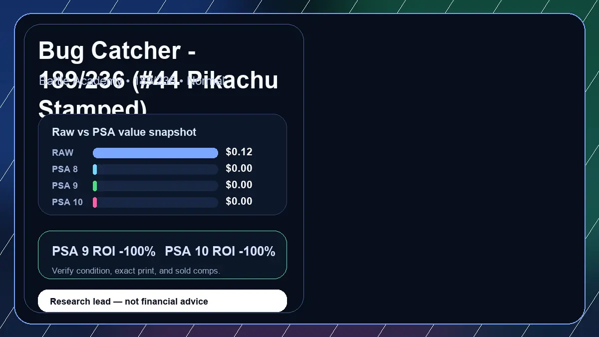 Price chart for Bug Catcher - 189/236 (#44 Pikachu Stamped) showing raw, all-in, PSA 6, PSA 7, PSA 8, PSA 9, and PSA 10 values
