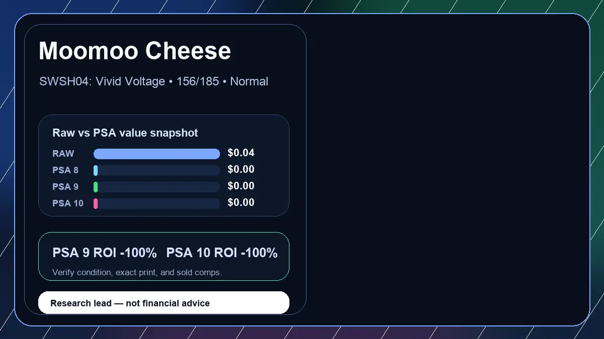 Price chart for Moomoo Cheese showing raw, all-in, PSA 6, PSA 7, PSA 8, PSA 9, and PSA 10 values
