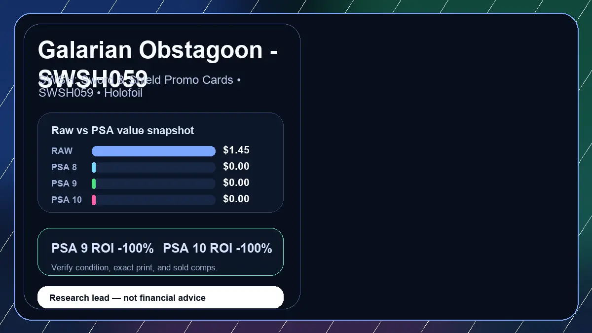 Price chart for Galarian Obstagoon - SWSH059 showing raw, all-in, PSA 6, PSA 7, PSA 8, PSA 9, and PSA 10 values