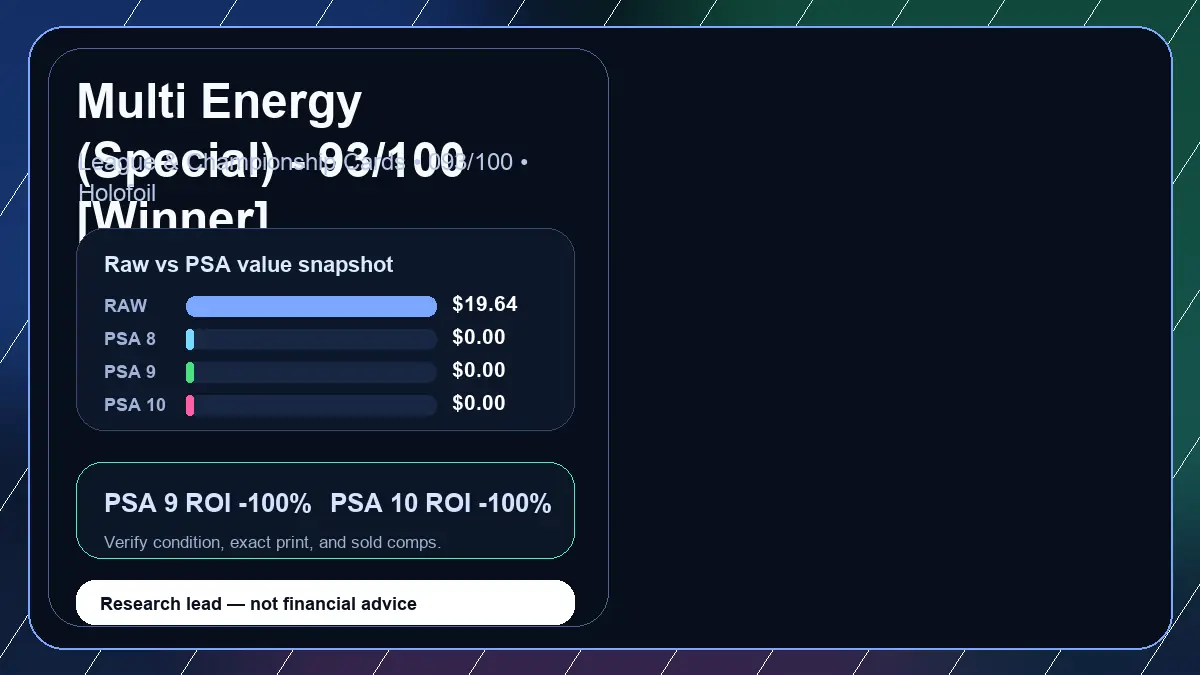 Price chart for Multi Energy (Special) - 93/100 [Winner] showing raw, all-in, PSA 6, PSA 7, PSA 8, PSA 9, and PSA 10 values