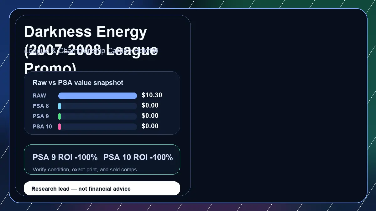 Price chart for Darkness Energy (2007-2008 League Promo) showing raw, all-in, PSA 6, PSA 7, PSA 8, PSA 9, and PSA 10 values