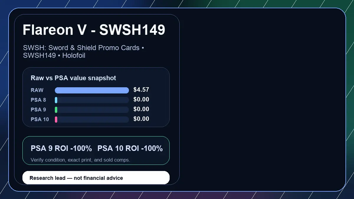 Price chart for Flareon V - SWSH149 showing raw, all-in, PSA 6, PSA 7, PSA 8, PSA 9, and PSA 10 values