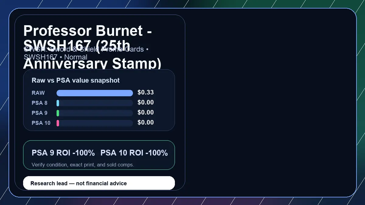 Price chart for Professor Burnet - SWSH167 (25th Anniversary Stamp) showing raw, all-in, PSA 6, PSA 7, PSA 8, PSA 9, and PSA 10 values