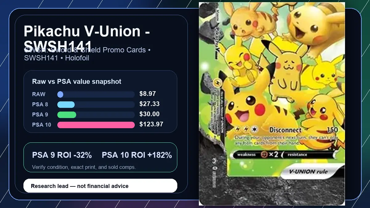 Price chart for Pikachu V-Union - SWSH141 showing raw, all-in, PSA 6, PSA 7, PSA 8, PSA 9, and PSA 10 values