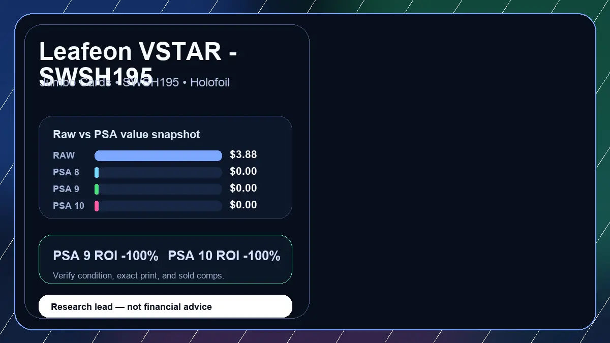 Price chart for Leafeon VSTAR - SWSH195 showing raw, all-in, PSA 6, PSA 7, PSA 8, PSA 9, and PSA 10 values