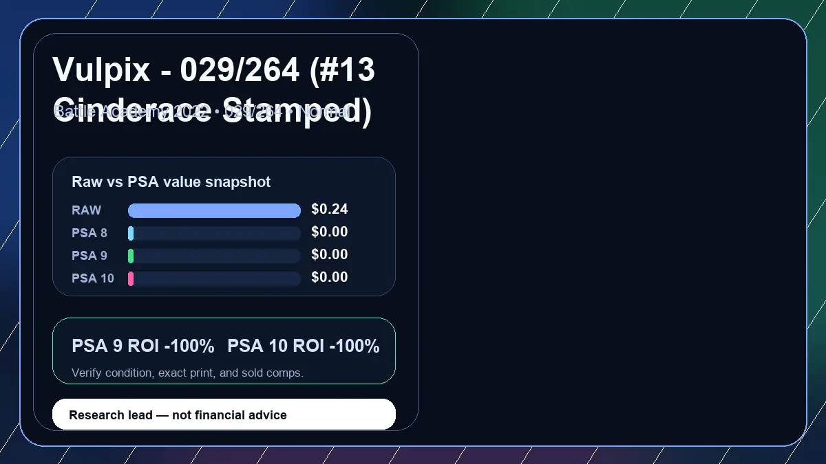 Price chart for Vulpix - 029/264 (#13 Cinderace Stamped) showing raw, all-in, PSA 6, PSA 7, PSA 8, PSA 9, and PSA 10 values