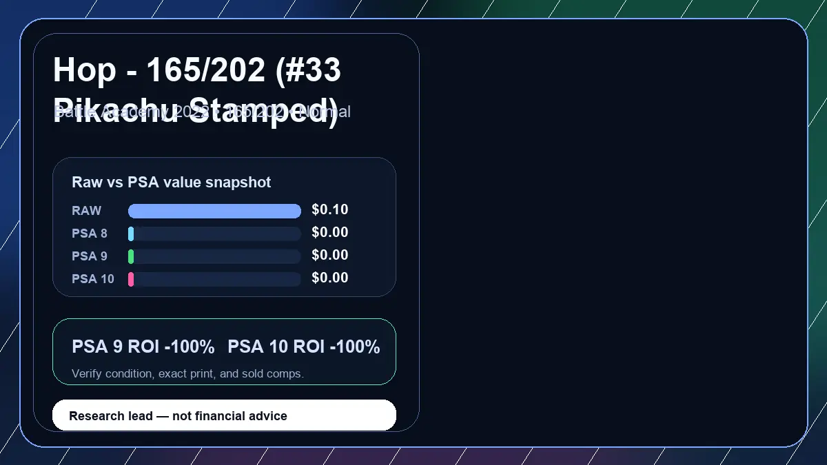 Price chart for Hop - 165/202 (#33 Pikachu Stamped) showing raw, all-in, PSA 6, PSA 7, PSA 8, PSA 9, and PSA 10 values