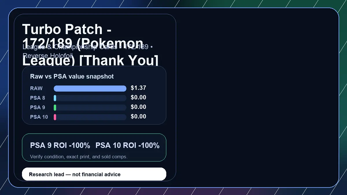 Price chart for Turbo Patch - 172/189 (Pokemon League) [Thank You] showing raw, all-in, PSA 6, PSA 7, PSA 8, PSA 9, and PSA 10 values