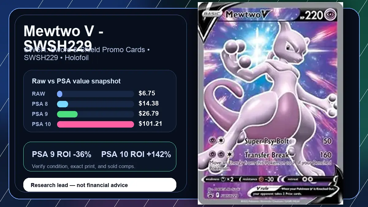 Price chart for Mewtwo V - SWSH229 showing raw, all-in, PSA 6, PSA 7, PSA 8, PSA 9, and PSA 10 values
