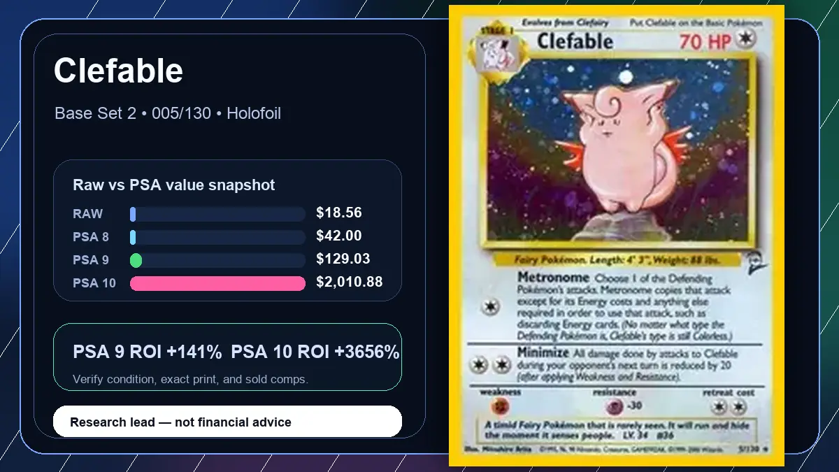 Price chart for Clefable showing raw, all-in, PSA 6, PSA 7, PSA 8, PSA 9, and PSA 10 values