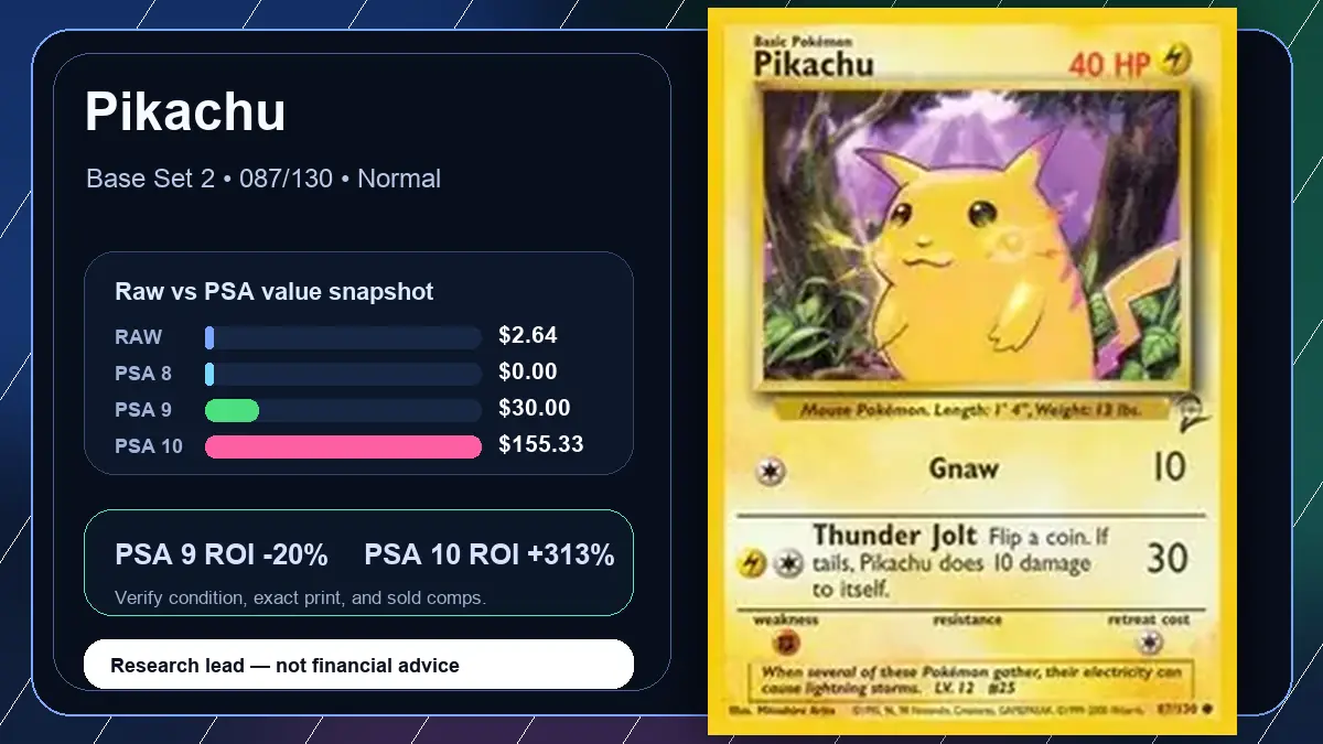 Price chart for Pikachu showing raw, all-in, PSA 6, PSA 7, PSA 8, PSA 9, and PSA 10 values