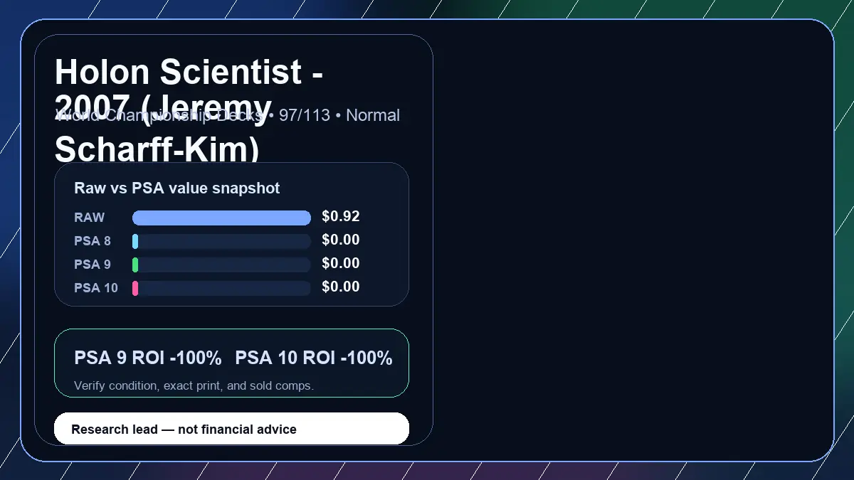 Price chart for Holon Scientist - 2007 (Jeremy Scharff-Kim) showing raw, all-in, PSA 6, PSA 7, PSA 8, PSA 9, and PSA 10 values