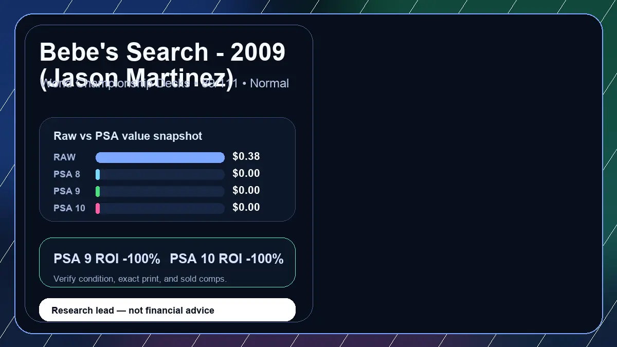 Price chart for Bebe's Search - 2009 (Jason Martinez) showing raw, all-in, PSA 6, PSA 7, PSA 8, PSA 9, and PSA 10 values
