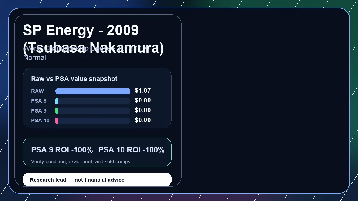 Price chart for SP Energy - 2009 (Tsubasa Nakamura) showing raw, all-in, PSA 6, PSA 7, PSA 8, PSA 9, and PSA 10 values