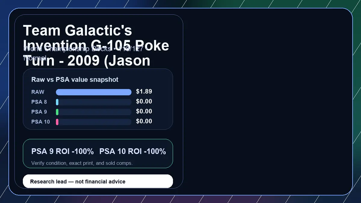 Price chart for Team Galactic's Invention G-105 Poke Turn - 2009 (Jason Martinez) showing raw, all-in, PSA 6, PSA 7, PSA 8, PSA 9, and PSA 10 values