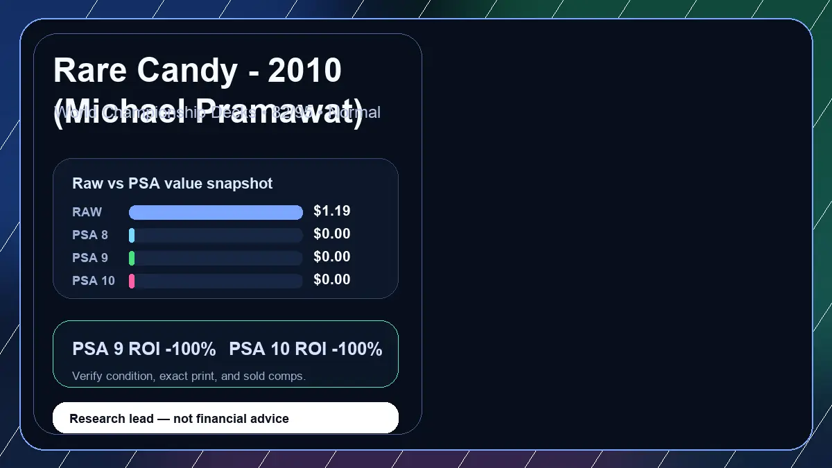 Price chart for Rare Candy - 2010 (Michael Pramawat) showing raw, all-in, PSA 6, PSA 7, PSA 8, PSA 9, and PSA 10 values