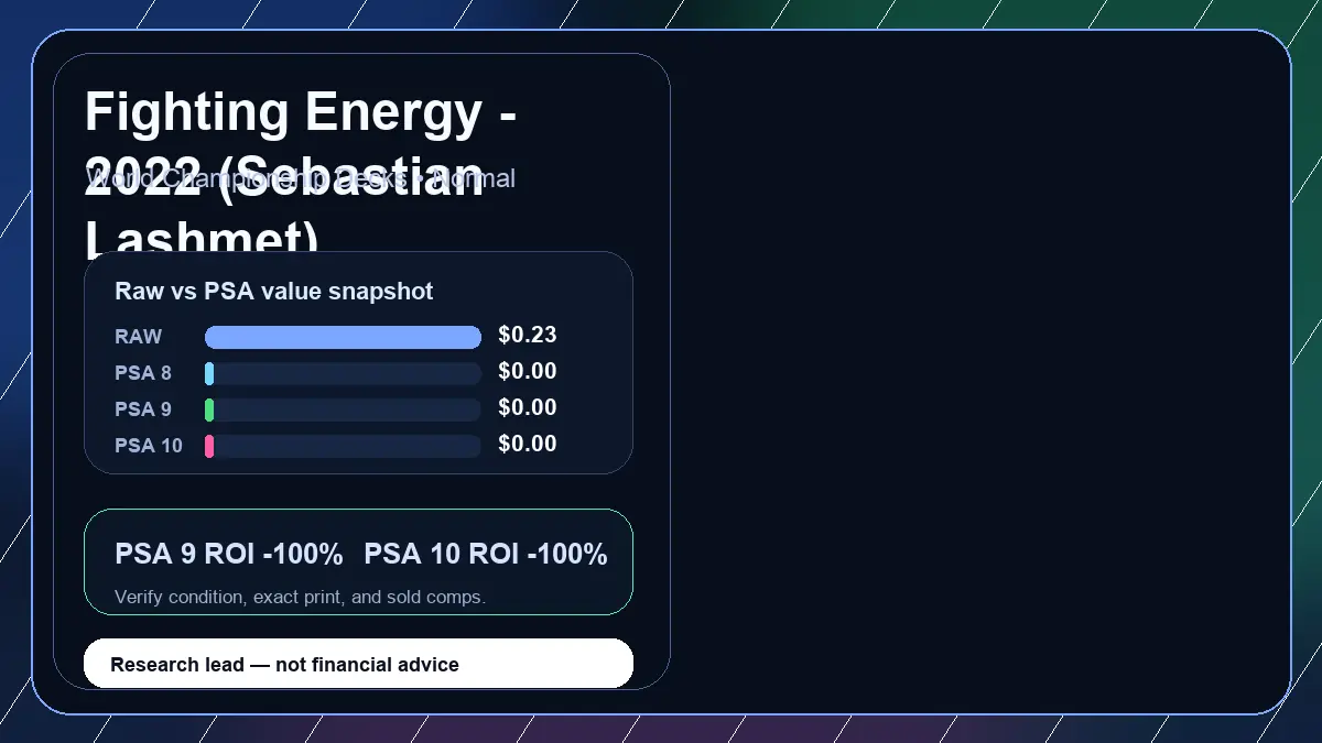 Price chart for Fighting Energy - 2022 (Sebastian Lashmet) showing raw, all-in, PSA 6, PSA 7, PSA 8, PSA 9, and PSA 10 values