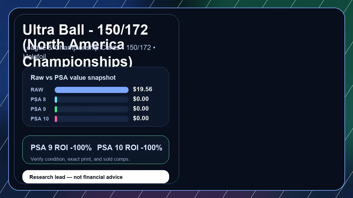 Price chart for Ultra Ball - 150/172 (North America Championships) showing raw, all-in, PSA 6, PSA 7, PSA 8, PSA 9, and PSA 10 values