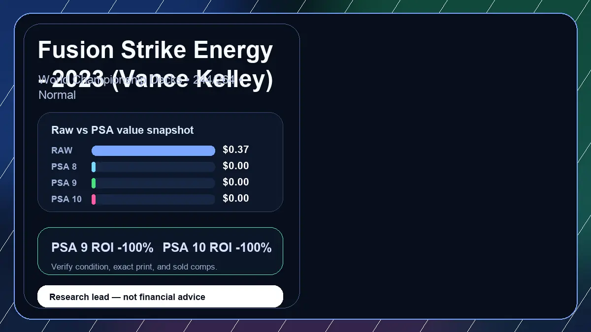 Price chart for Fusion Strike Energy - 2023 (Vance Kelley) showing raw, all-in, PSA 6, PSA 7, PSA 8, PSA 9, and PSA 10 values