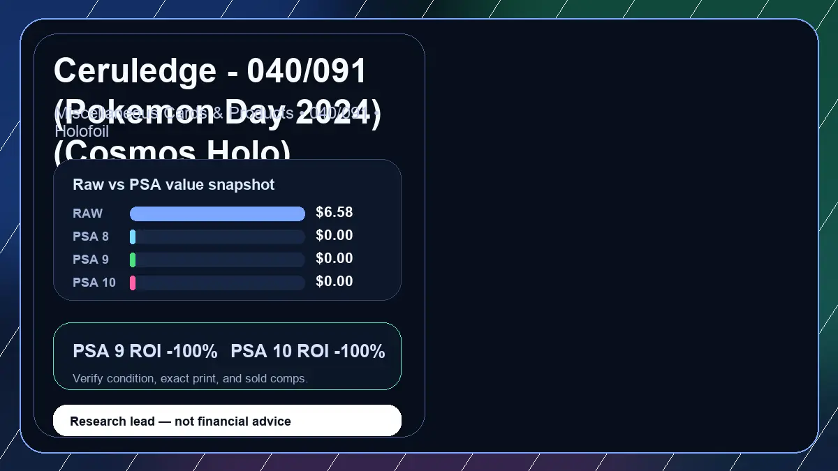 Price chart for Ceruledge - 040/091 (Pokemon Day 2024) (Cosmos Holo) showing raw, all-in, PSA 6, PSA 7, PSA 8, PSA 9, and PSA 10 values