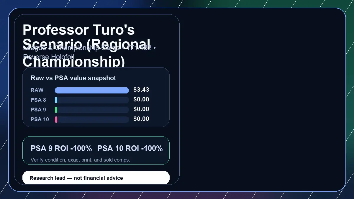 Price chart for Professor Turo's Scenario (Regional Championship) showing raw, all-in, PSA 6, PSA 7, PSA 8, PSA 9, and PSA 10 values