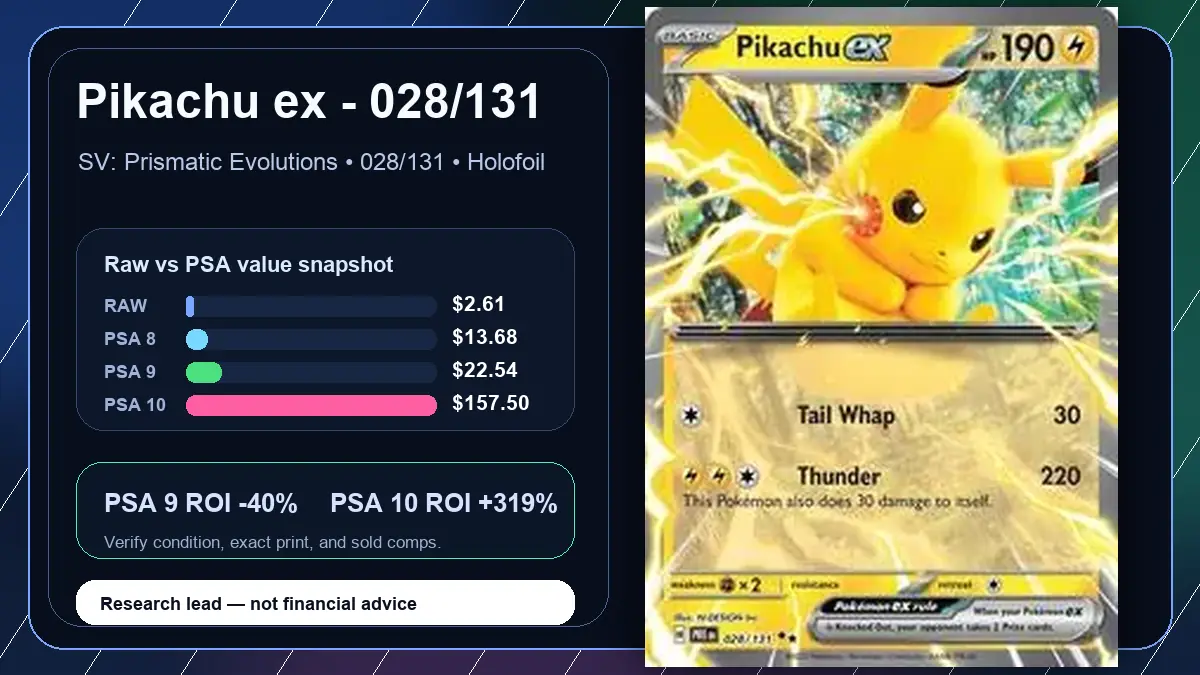 Price chart for Pikachu ex - 028/131 showing raw, all-in, PSA 6, PSA 7, PSA 8, PSA 9, and PSA 10 values