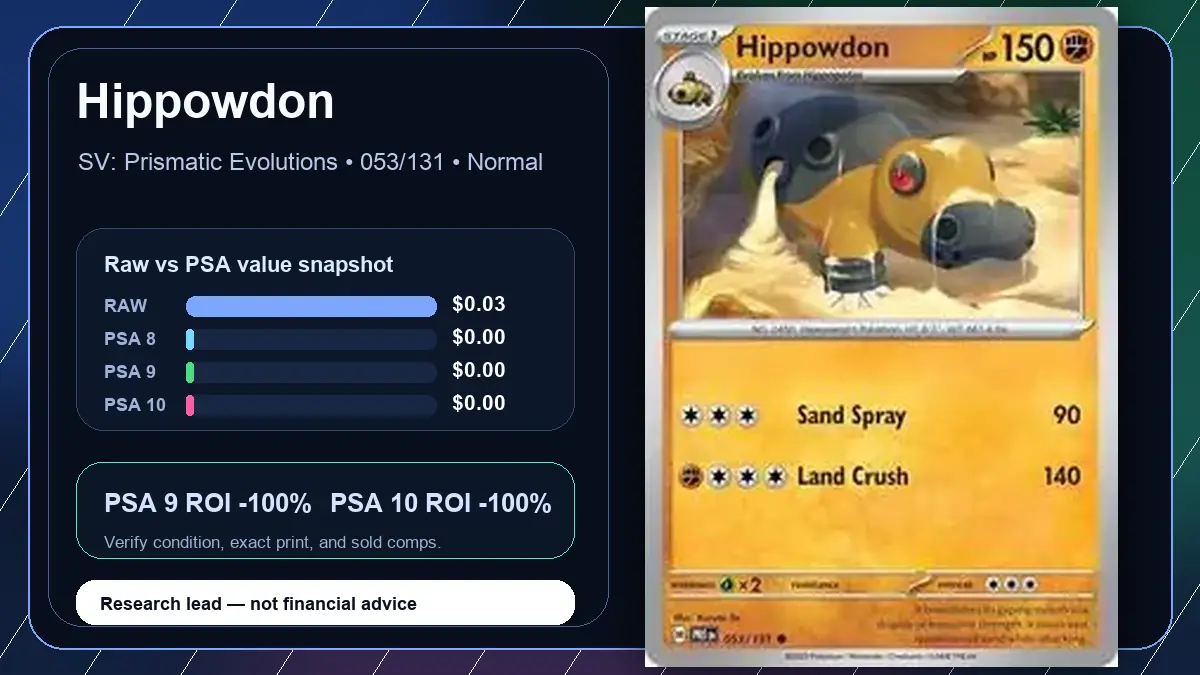 Price chart for Hippowdon showing raw, all-in, PSA 6, PSA 7, PSA 8, PSA 9, and PSA 10 values