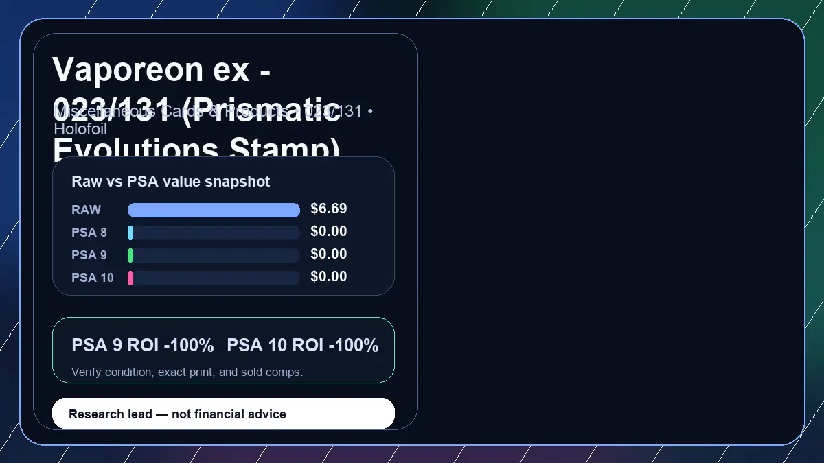 Price chart for Vaporeon ex - 023/131 (Prismatic Evolutions Stamp) showing raw, all-in, PSA 6, PSA 7, PSA 8, PSA 9, and PSA 10 values