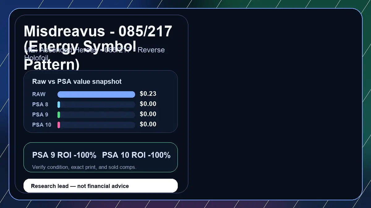 Price chart for Misdreavus - 085/217 (Energy Symbol Pattern) showing raw, all-in, PSA 6, PSA 7, PSA 8, PSA 9, and PSA 10 values