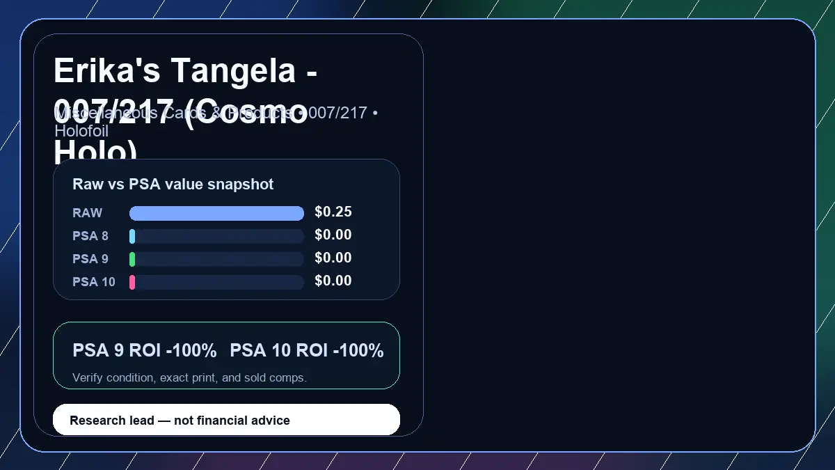 Price chart for Erika's Tangela - 007/217 (Cosmo Holo) showing raw, all-in, PSA 6, PSA 7, PSA 8, PSA 9, and PSA 10 values