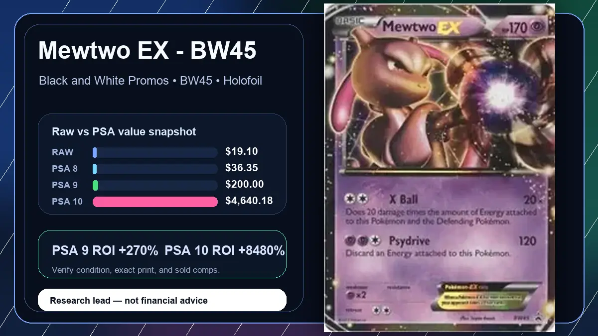 Price chart for Mewtwo EX - BW45 showing raw, all-in, PSA 6, PSA 7, PSA 8, PSA 9, and PSA 10 values