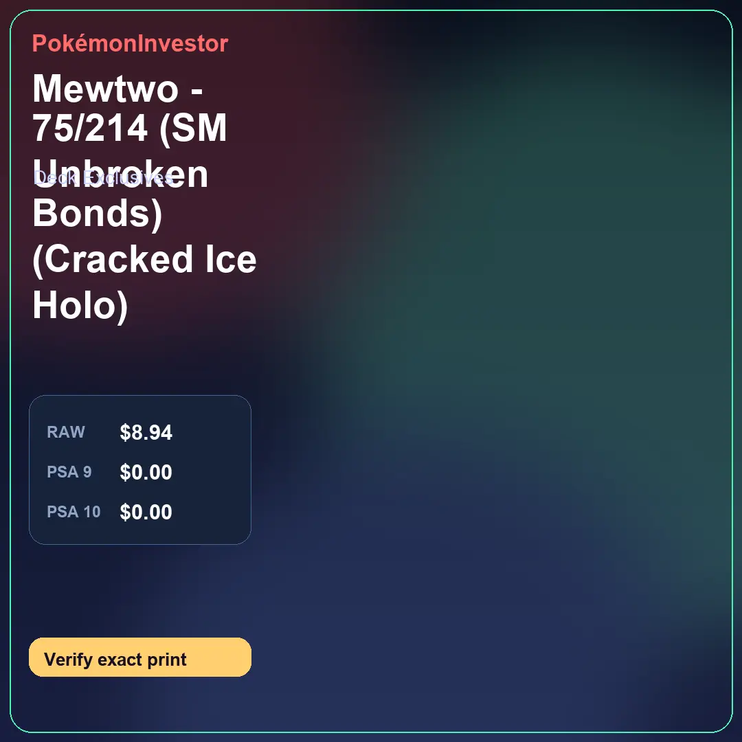 Card research image for Mewtwo - 75/214 (SM Unbroken Bonds) (Cracked Ice Holo)